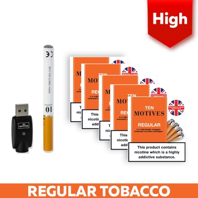 10 Motives Rechargeable Regular E-Cigarette Starter Kit and High Strength Regular Tobacco Refill Cartridges Saver Pack