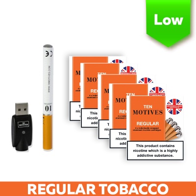 10 Motives Rechargeable Regular E-Cigarette Starter Kit and Low Strength Regular Tobacco Refill Cartridges Saver Pack
