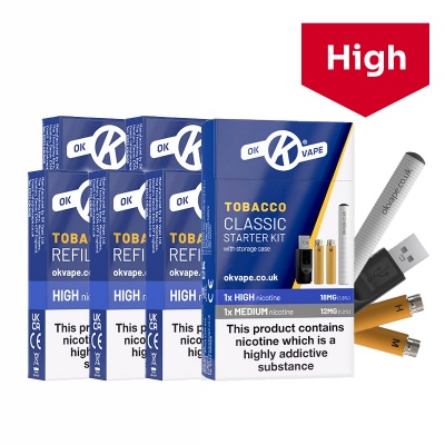 OK Vape Rechargeable E-Cigarette Starter Kit and High Strength Tobacco Refill Cartridges Saver Pack