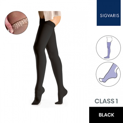 Sigvaris Essential Comfortable Unisex Class 1 Thigh High Black Compression Stockings with Grip Top and Open Toe
