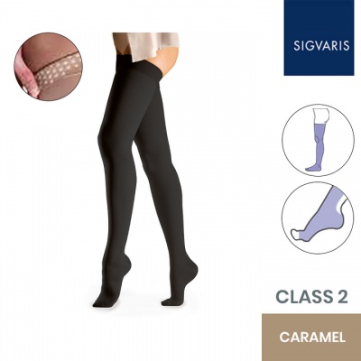 Sigvaris Essential Comfortable Unisex Class 2 Thigh High Caramel Compression Stockings with Grip Top and Open Toe