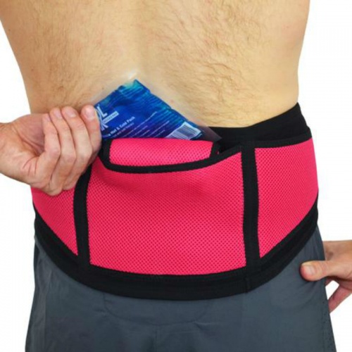 4Dflexisport Black and Raspberry Lumbar Support Belt with Ice and Heat Pack