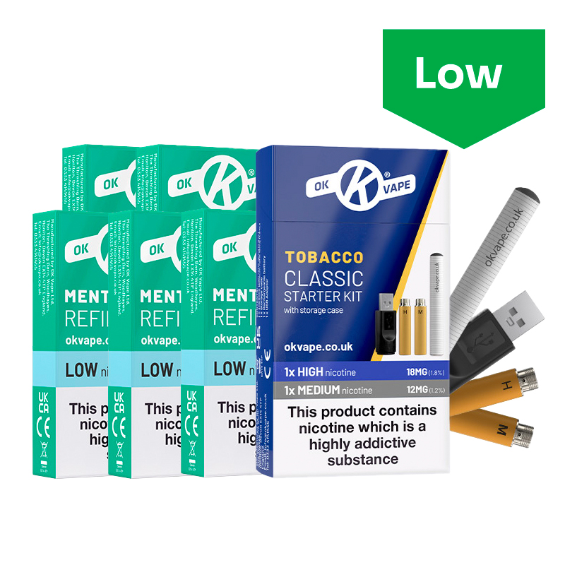 OK Vape Rechargeable E-Cigarette Starter Kit and Low Strength Menthol Refill Cartridges Saver Pack
