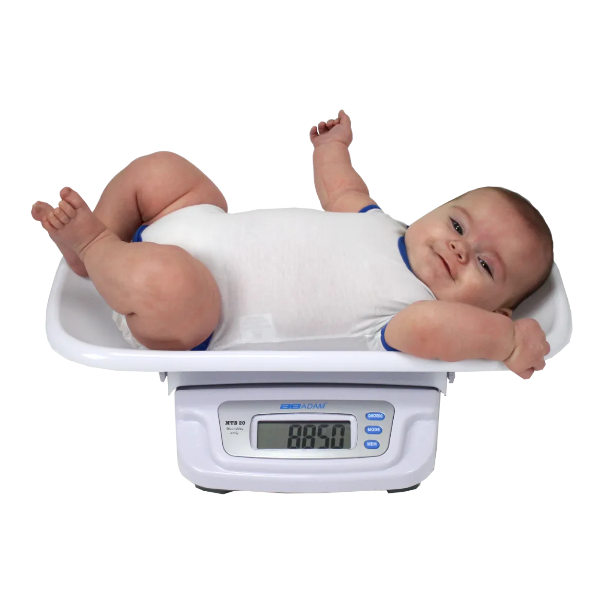 Baby on the Adam Equipment scale for babies with cradle