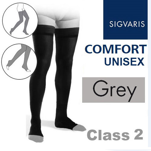 Sigvaris Unisex Comfort Thigh Class 2 (RAL) Grey Knobbed Grip Top Compression Stockings with Open Toe