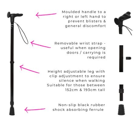 Cool Crutches Black Height Adjustable Disassembling Walking Stick (Right-Handed)