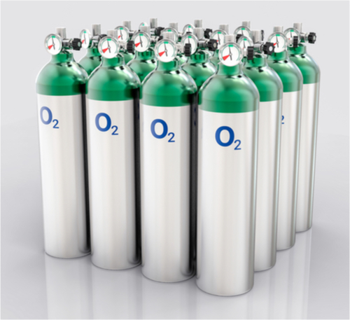 Oxygen cylinders in rows