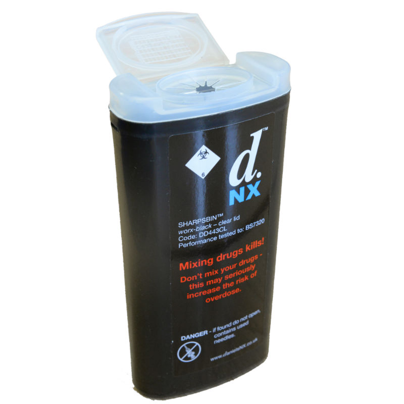 Sharpsguard 0.25L Worx Black Needle Exchange Sharps Bin with Clear Lid