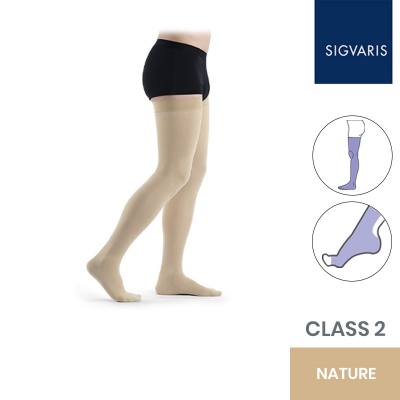 Sigvaris Essential Thermoregulating Unisex Class 2 Thigh Nature Compression Stockings with Knobbed Grip and Open Toe