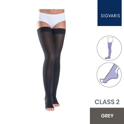 Sigvaris Style Semitransparent Class 2 Thigh Grey Compression Stockings with Lace Grip and Open Toe