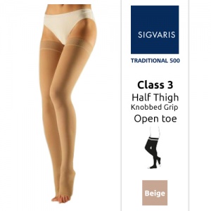 Sigvaris Traditional 500 Half Thigh Class 3 (RAL) Beige Knobbed Grip Top Compression Stockings with Open Toe