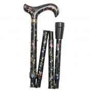 Elite Derby Handle Folding Walking Stick - Black Floral
