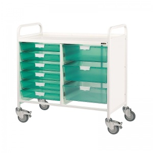 Sunflower Medical Vista 100 Double-Column Storage Trolley with Six Single and Three Double-Depth Green Trays
