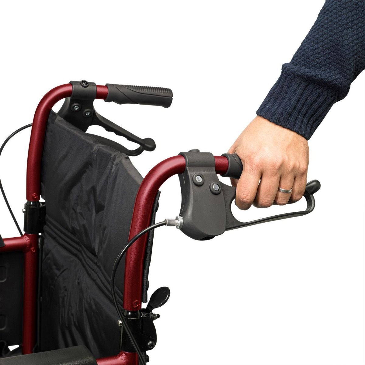 The Days Wide Width Escape Lite Wheelchair features attendant-operated brakes The Days Wide Width Escape Lite Wheelchair features attendant-operated brakes