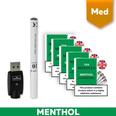 10 Motives Rechargeable Menthol E-Cigarette Starter Kit and Medium Strength Menthol Refill Cartridges Saver Pack