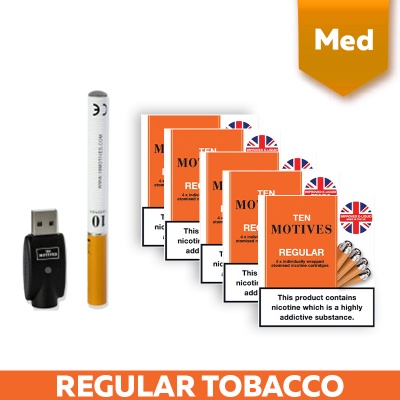10 Motives Rechargeable Regular E-Cigarette Starter Kit and Medium Strength Regular Tobacco Refill Cartridges Saver Pack