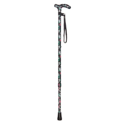 Ziggy Petite Crutch-Handle Adjustable Walking Stick with Black Floral Pattern