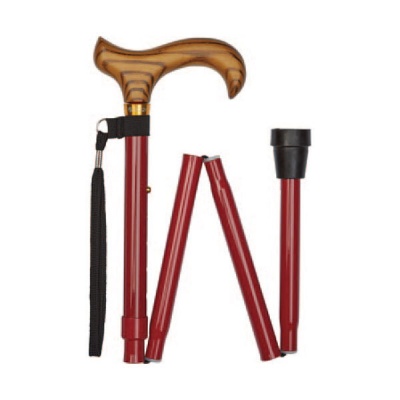 Ziggy Tuscan Red Folding Height-Adjustable Walking Stick with Wooden Derby Handle