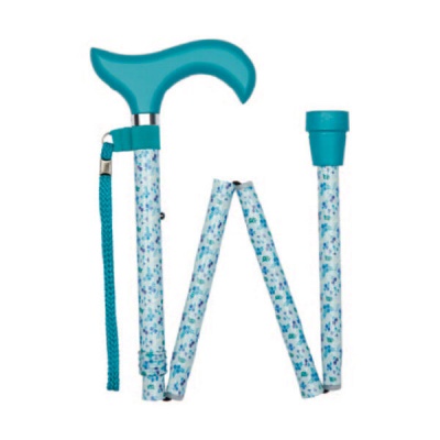 Ziggy Cyan Blue Floral Folding Height-Adjustable Walking Stick with Wooden Derby Handle