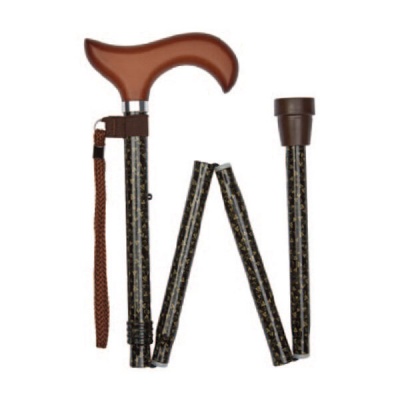 Ziggy Coffee-Pattern Folding Height-Adjustable Walking Stick with Wooden Derby Handle