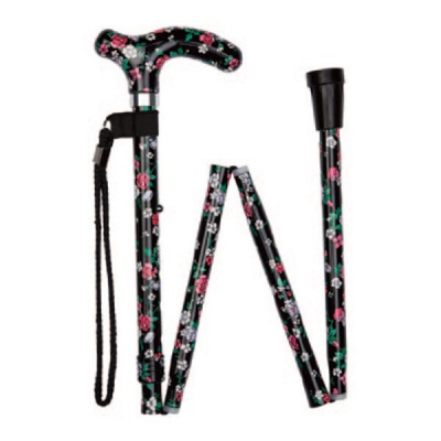Ziggy Petite-Handle Folding Adjustable Walking Stick with Black Floral Pattern
