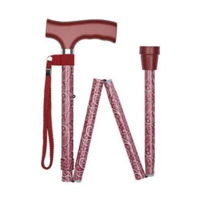 Ziggy Red Paisley Crutch Handle Folding Height-Adjustable Walking Stick