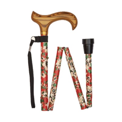 Ziggy Red Morris Pattern Folding Height-Adjustable Walking Stick with Wooden Derby Handle