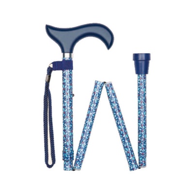 Ziggy Dark Blue Floral Folding Height-Adjustable Walking Stick with Derby Handle