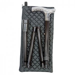 Adjustable Folding Chrome Crutch Handle Walking Stick with Black Quilted Wallet