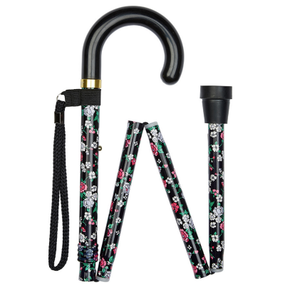 Height-Adjustable Folding Floral Walking Stick with Crook Handle