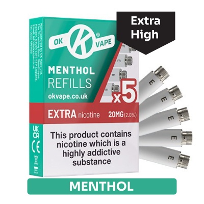 OK Vape E-Cigarette Extra High Strength 20mg Menthol Refill Cartridges (Box of 50 Packs) - Money Off!