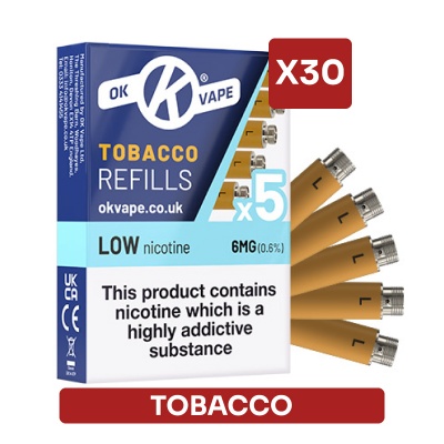 OK Vape E-Cigarette Low Strength Tobacco Refill Cartridges Saver Pack (30 Packs)