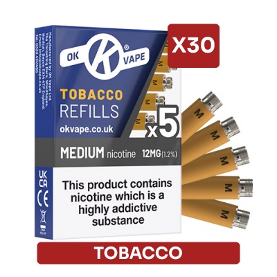 OK Vape E-Cigarette Medium Strength Tobacco Refill Cartridges Saver Pack (30 Packs)