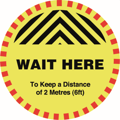Five-Pack of Social Distancing 'Wait Here' Floor Stickers  30cm Width (Yellow/Red)
