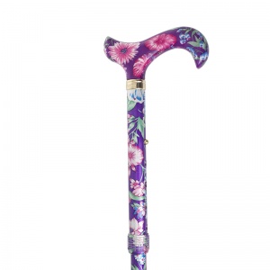 Adjustable Folding Elite Derby Handle Purple Floral Walking Stick