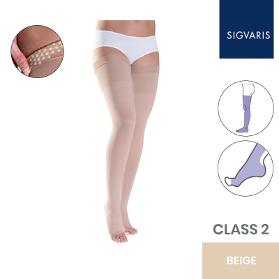 Sigvaris Traditional Unisex Class 2 Thigh High Beige Compression Stockings with Grip Top and Open Toe