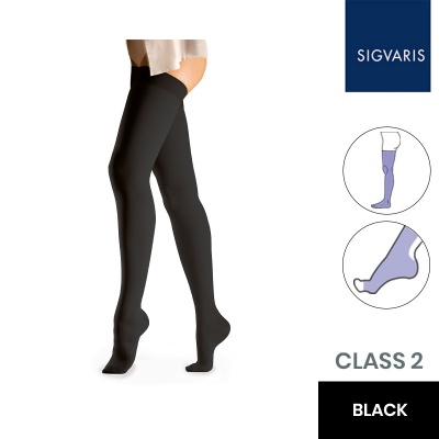 Sigvaris Essential Comfortable Unisex Class 2 Thigh High Black Compression Stockings with Open Toe