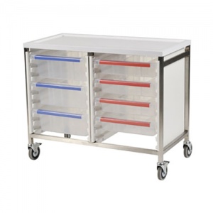 Bristol Maid Low Level Double Column 785mm High Procedure Trolley with 7 Small Trays and 1 Large Tray