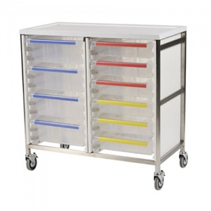 Bristol Maid Double Column 950mm High Procedure Trolley with 6 Small and 4 Large Trays