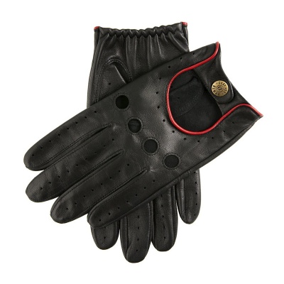 Dents Delta Men's Classic Leather Driving Gloves (Black with Berry Trim)