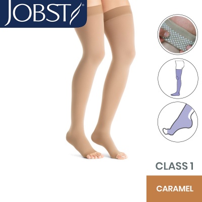JOBST Opaque Compression Class 1 (18 -  21mmHg) Thigh High Caramel Open Toe Compression Garment with Dotted Silicone Band