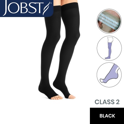 JOBST Opaque RAL Class 2 (23 - 32mmHg) Black Thigh High Compression Stockings with Soft Silicone Band and Open Toe
