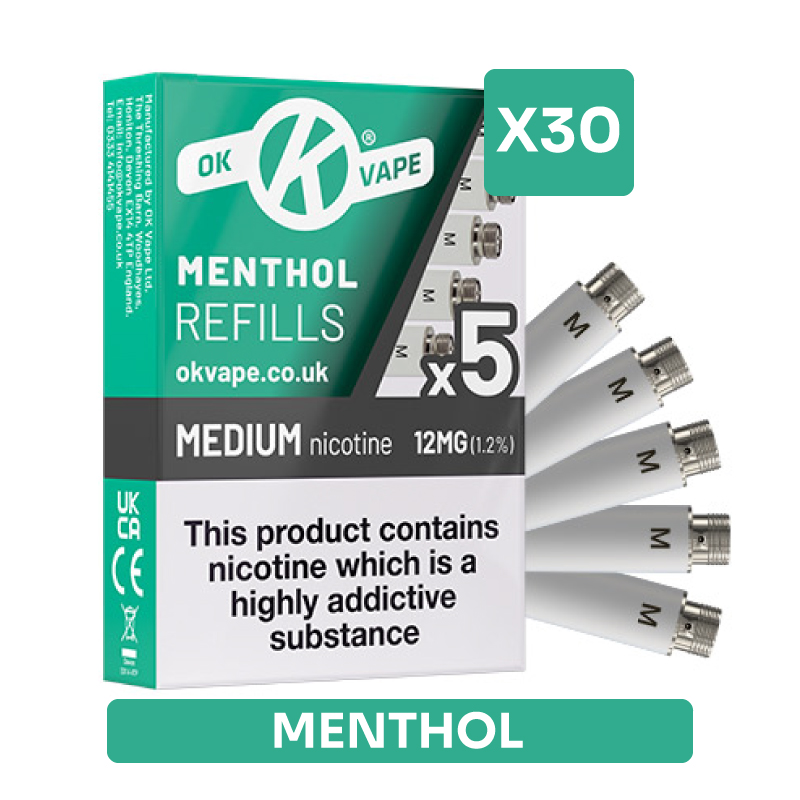 OK Vape E-Cigarette Medium Strength Menthol Refill Cartridges Saver Pack (30 Packs)