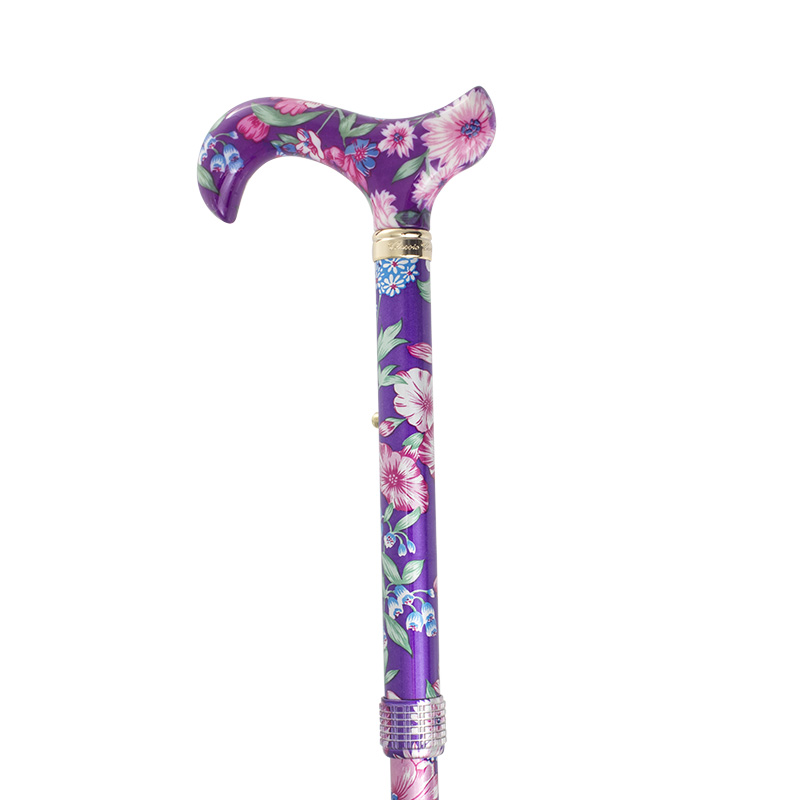 Adjustable Folding Elite Derby Handle Purple Floral Walking Stick