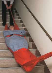 A firm foam layer protects the head during evacuation Emergency Evacuation Down a Stairs