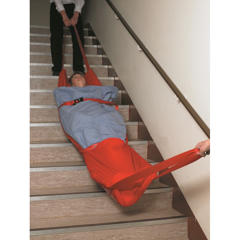Emergency evacuation sledge in use going down stairs