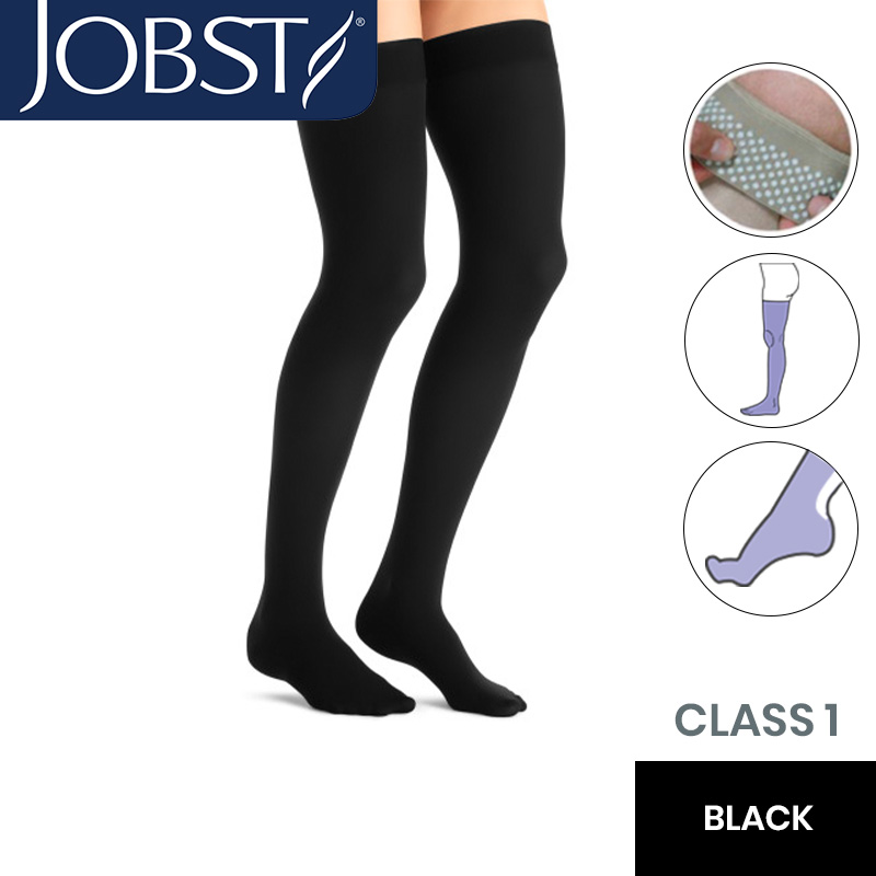 JOBST Opaque Compression Class 1 (18 -  21mmHg) Thigh High Black Closed Toe Compression Garment with Dotted Silicone Band