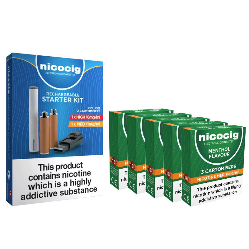 vivid electronic cigarette Vivid Nicocig Rechargeable Electronic Cigarette Starter Kit and Medium  Strength Menthol Cartomisers Saver Pack