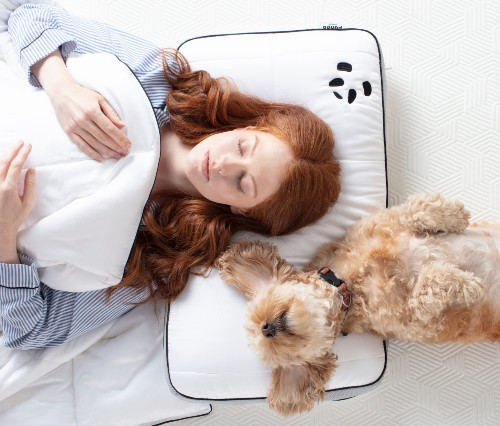 Woman and dog using pillow