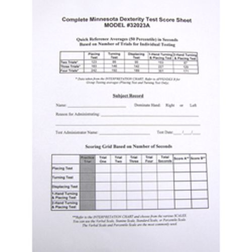 Complete Minnesota Manual Dexterity Test Score Sheets Sports